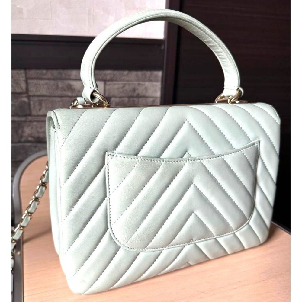 Authentic CHANEL Trendy Chevron Lambskin Quilted Dual Handle Flap Bag Mint Tote - Picture 4 of 16